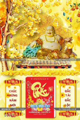 File tranh phật Di Lặc và hoa mai vàng