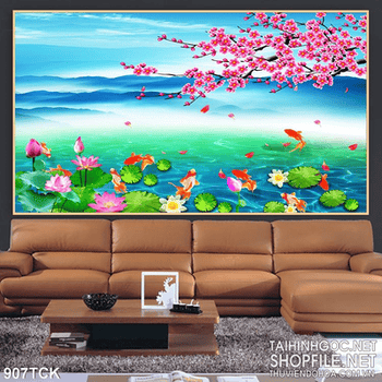 Tranh hồ sen và cá chép, cây đào psd in uv