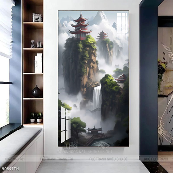 Tranh phon thủy sông, núi và mặt trời