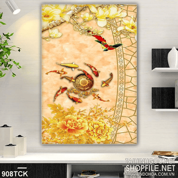 Tranh cá chép  và bông hoa mạ vàng đẹp