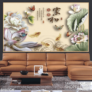 Tranh 3d hoa sen giả ngọc in uv cá chép