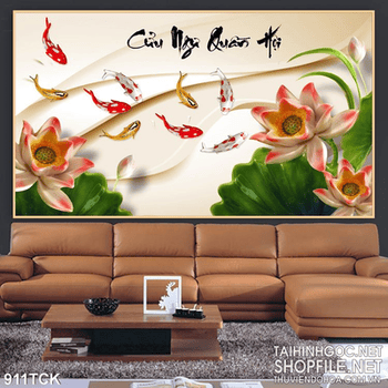 Tranh koi và sen giả ngọc 3d cửu ngư wall