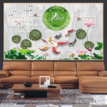 Tranh sen  và cá chép chữ phúc giả ngọc