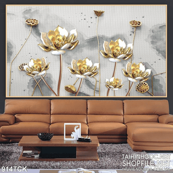 Tranh hoa sen giả ngọc 3d mạ vàng in uv