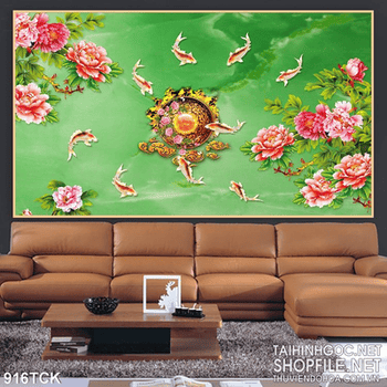 Tranh cá chép vàng và hoa mẫu đơn