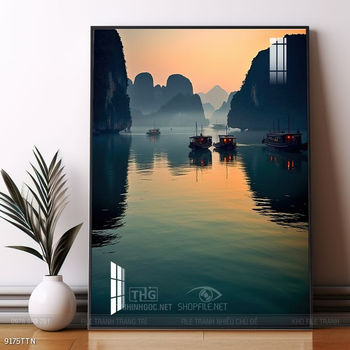 Tranh phon thủy sông, núi và mặt trời