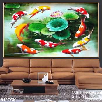Tranh vẽ cá koi quần tụ