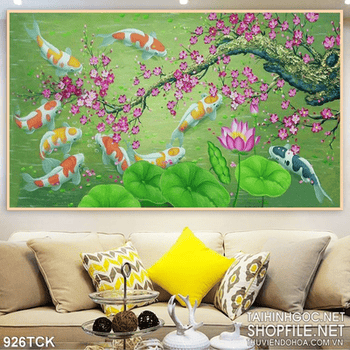 Tranh vẽ hoa đào và cá chép wall