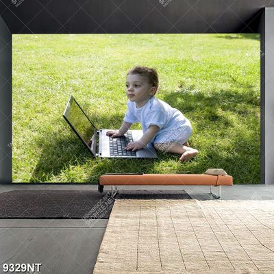 Tranh cậu bé chơi ngoài sân vườn