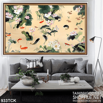 Tranh  vẽ các chép và hoa sen trang trí giấy dán tường