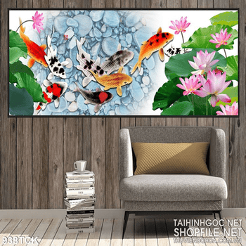 Tranh chép bơi và hoa sen đẹp