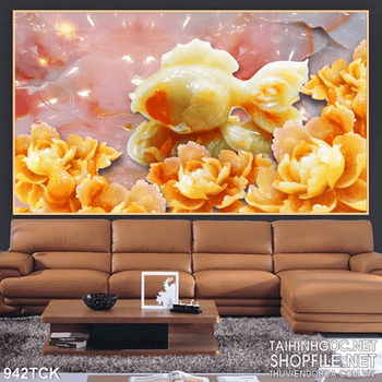 Tranh cá vàng giả ngọc hoa mẫu đơn