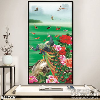 Tranh khổ dọc chim công và cá chép