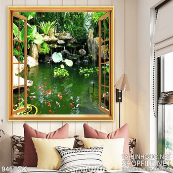 Tranh cửa sổ và hồ cá chép psd