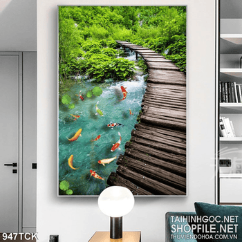 Tranh cái cầu gỗ và đàn koi đẹp 3d