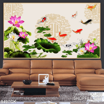 Tranh hoa sen và cá chép đẹp in uv wall 3d