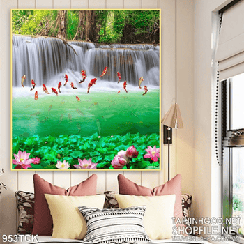 Tranh thác nước và cá chép nhảy lên 3d