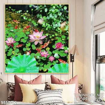 Tranh cá chép và hồ sen đẹp