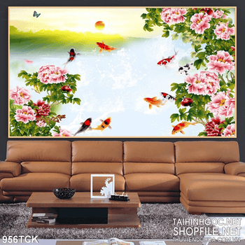 Tranh hoa mẫu đơn và cá chép bơi lội 3d