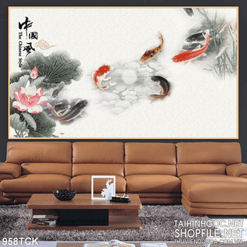 Tranh cá chép và hoa sen chữ thư pháp