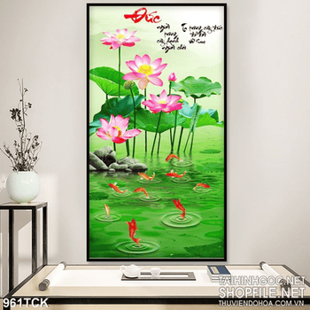 Tranh khổ dọc chữ đức hoa sen và cá chép
