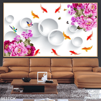 Tranh 3d cá chép hoa mẫu đơn