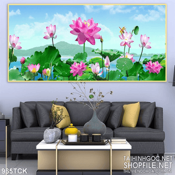 Tranh hoa sen và bầu trời xanh