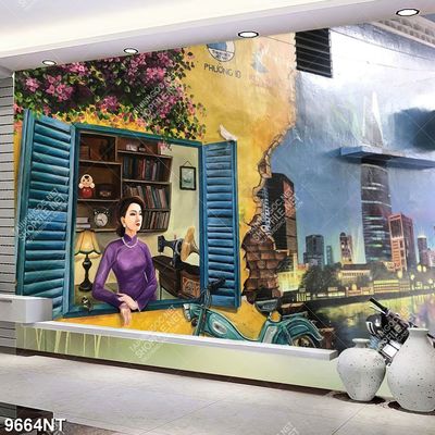 Tranh vẽ cô gái mặc áo dài tím