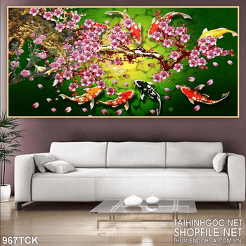 Tranh sơn dầu cá chép và hoa đào