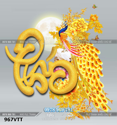 File tranh chữ Phú thư pháp Tết chim công 967VTT