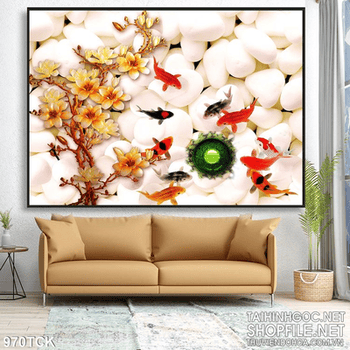 Tranh cá chép và viên ngọc xanh đẹp in uv