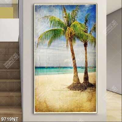 Tranh bức hình cây dừa bên bãi biển