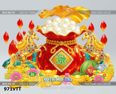 File tư liệu Tết 2 con ngựa vàng kim tiền kim cương đá quý túi vàng 971VTT
