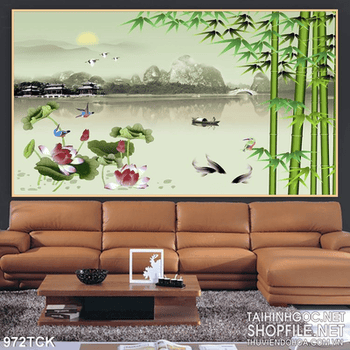 Tranh decor cá chép và hoa mẫu đơn