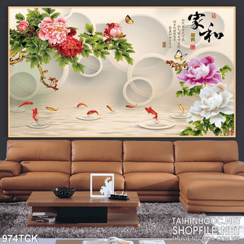 Tranh hoa mẫu đơn và cá chép in psd