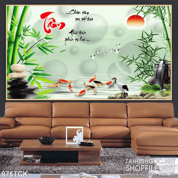 Tranh chữ tâm và cá chép bơi lội