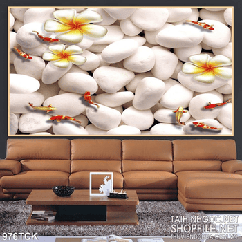 Tranh  đá sỏi trắng và cá chép đẹp bơi lội 3d in uv