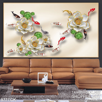 Tranh hoa sen giả ngọc và cá chép wall in uv