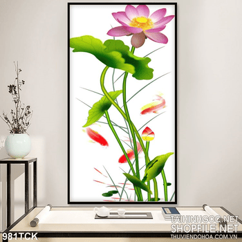 Tranh khổ dọc hoa sen cá chép