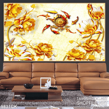 Tranh hoa sen và cá chép bơi tung tăng