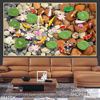 Tranh cá chép và suối đá đẹp mặt 3d