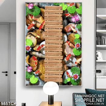 Tranh cầu gỗ và cá chép in uv