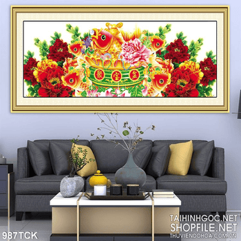 Tranh cá chép và hoa mẫu đơn 3d