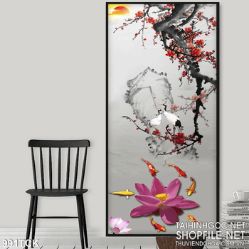 Tranh hoa sen và cành đào đẹp