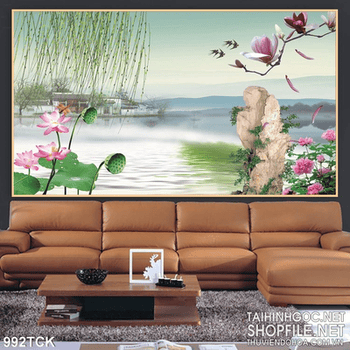 Tranh hoa sen và ngôi nhà và hồ nước psd wall