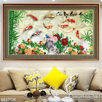 Tranh cửu ngư và cá koi đẹp nghệ thuật