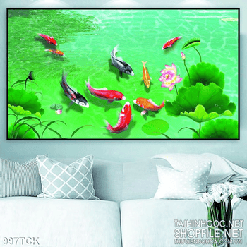 Tranh cá chép dưới mặt hồ trong xanh