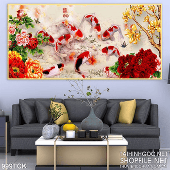 Tranh cá chép đẹp hoa mẫu đơn