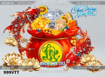 File tranh 2 con cá chép song ngư túi tiền vàng bạc 999VTT