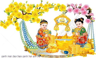 canh mai dao ben canh hai em be va kim tien file vector